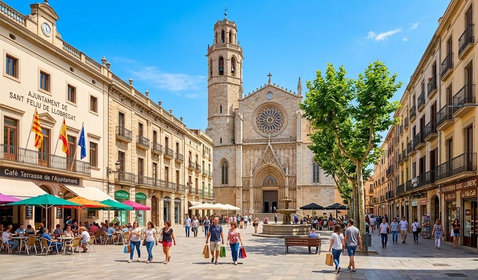 Vistas de las calles peatonales, la Catedral de Sant Llorenç y el núcleo de Sant Feliu